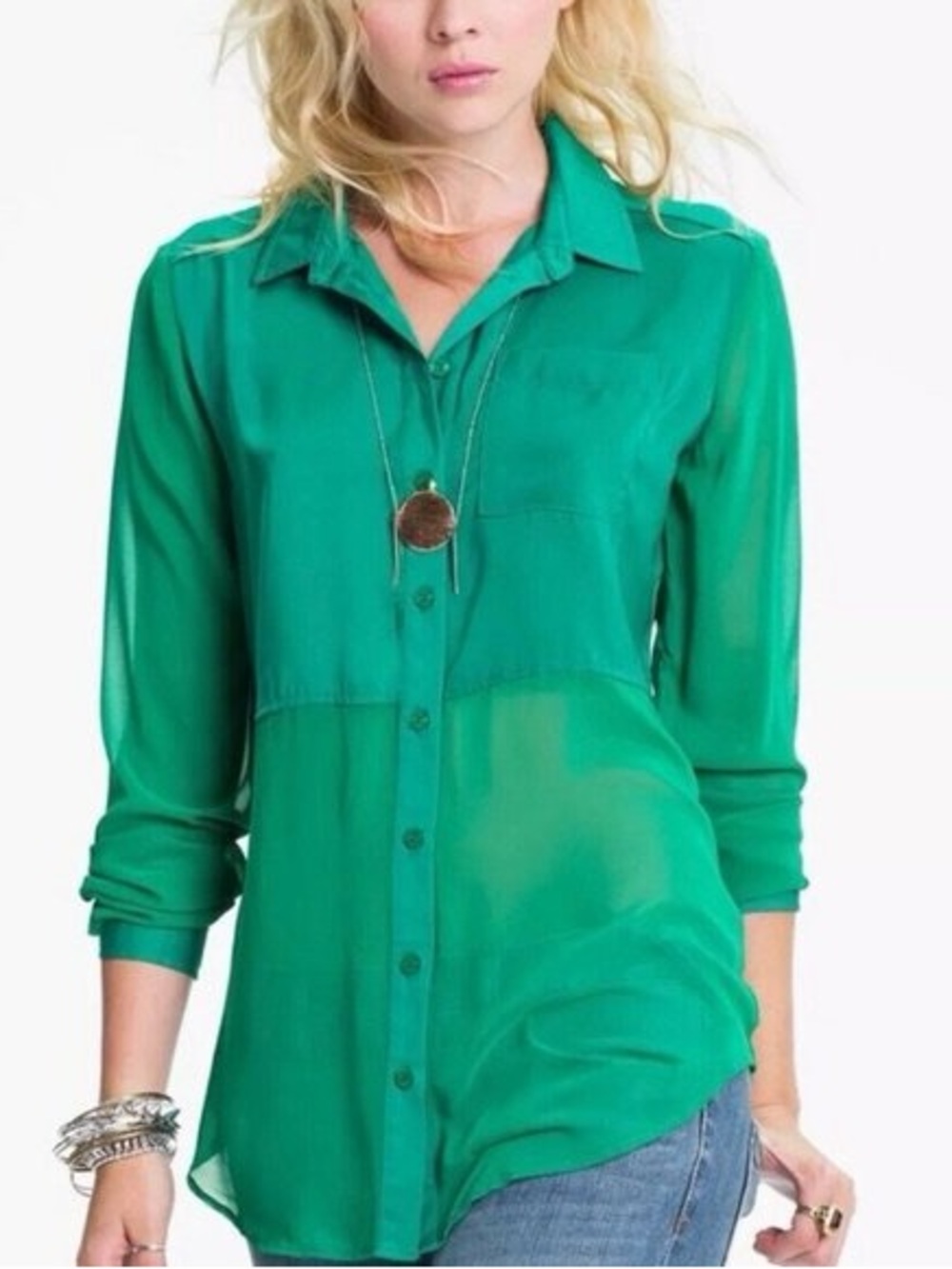 Free People Green Semi-Sheer Long Sleeve Button Down Shirt Medium